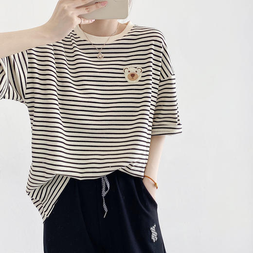 夏秋【学院风绣花棉质短袖】条纹衫韩版圆领短袖 宽松T恤冬季内搭 商品图2