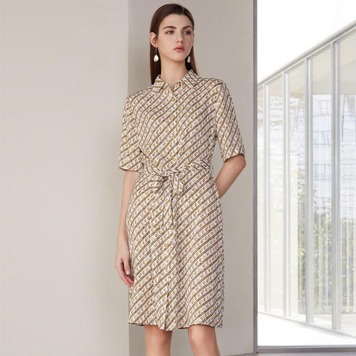 【桑蚕丝条纹衬衫款连衣裙】24年春夏新品女士中长款真丝连衣裙时尚条纹系带收腰裙子 商品图1