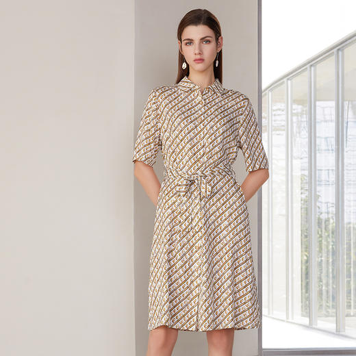 【桑蚕丝条纹衬衫款连衣裙】24年春夏新品女士中长款真丝连衣裙时尚条纹系带收腰裙子 商品图0