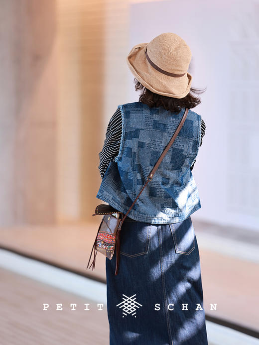 PETIT SCHAN小闪 CLO#455 rice fragrant 稻香 棉感拼接牛仔文艺马甲 商品图5