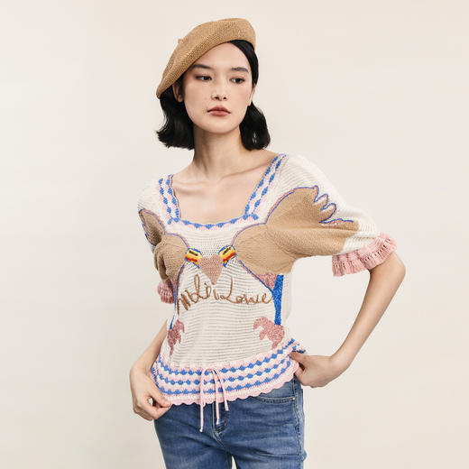 谜底短袖修身针织衫女2024年夏新品复古文艺方型领上衣242MZ0883 商品图1