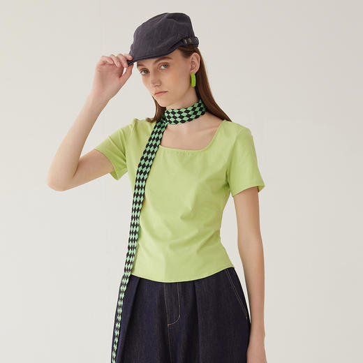 谜底纯色短款T恤短袖女2024夏季新款极简风修身圆领上衣246MT7043 商品图1