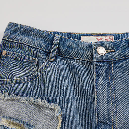 谜底牛仔短裤女2024年夏新品复古时尚贴布绣破洞直筒裤242MK0543 商品图3