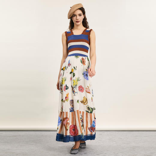 谜底吊带长裙2024年夏季新品复古度假风毛织拼接连衣裙242ML0556 商品图0