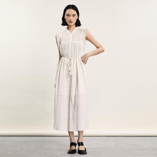 谜底提花无袖连衣裙2024年夏新品优雅荷叶袖长裙配腰带242ML0544 商品图0