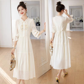 复古改良木耳边领，刺绣泡泡袖长款连衣裙HR-QIXFS2403L
