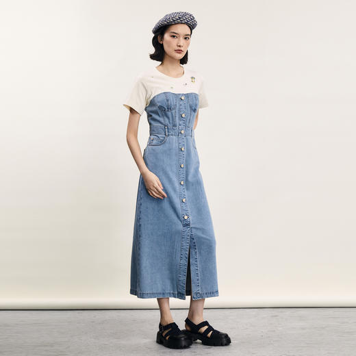 谜底拼接牛仔长裙2024年夏款时尚休闲钉珠绣连衣裙短袖242ML0559 商品图1