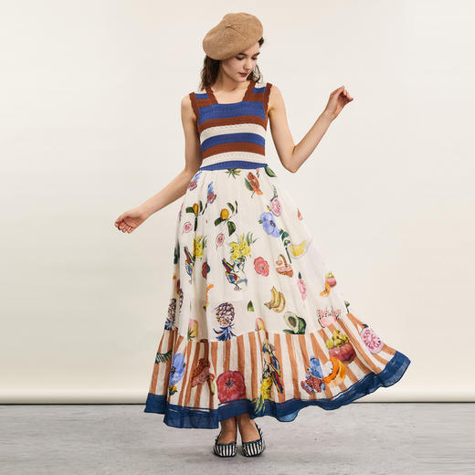 谜底吊带长裙2024年夏季新品复古度假风毛织拼接连衣裙242ML0556 商品图1