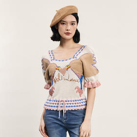 谜底短袖修身针织衫女2024年夏新品复古文艺方型领上衣242MZ0883