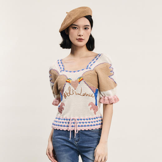 谜底短袖修身针织衫女2024年夏新品复古文艺方型领上衣242MZ0883 商品图0