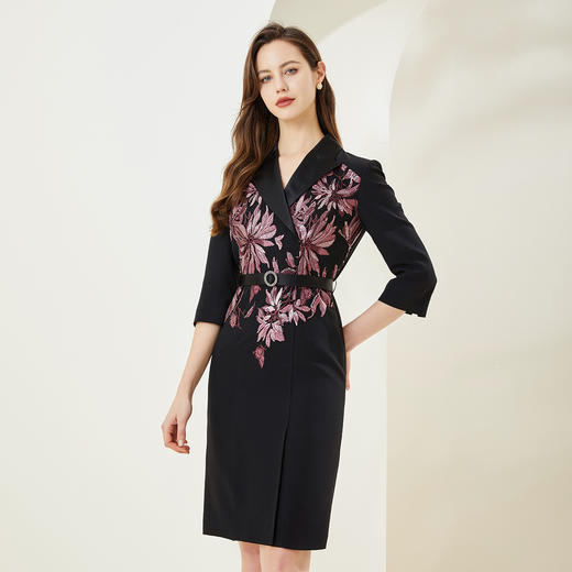 QE81A斯尔丽24春季新款翻领前中拼蕾丝七分袖收腰显瘦中长款连衣裙 商品图0