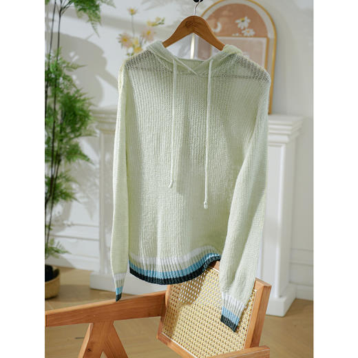 欧芮儿新长袖连帽毛衣女宽松外穿套头牛油果绿针织衫上衣 商品图0