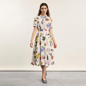 谜底原创印花连衣裙2024年夏新品田园风苎麻中长裙短袖242ML0547