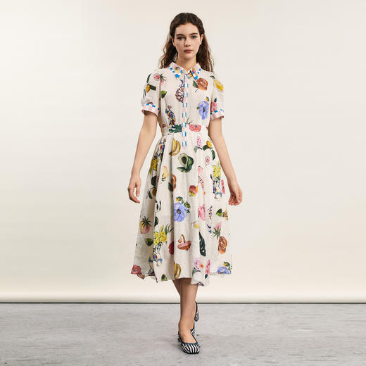 谜底原创印花连衣裙2024年夏新品田园风苎麻中长裙短袖242ML0547 商品图0
