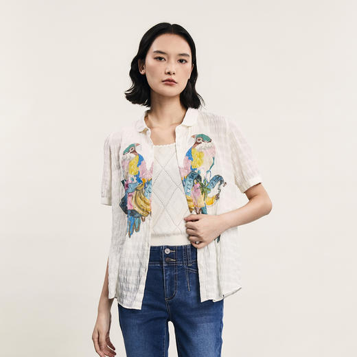 谜底主题印花衬衫短袖女2024年夏季新品通勤风提花衬衣242MC0538 商品图0