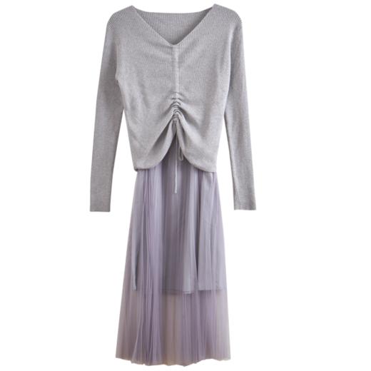 欧芮儿V领针织衫加百褶网纱裙很仙的两件套洋气网红套装女新裙子春 商品图3