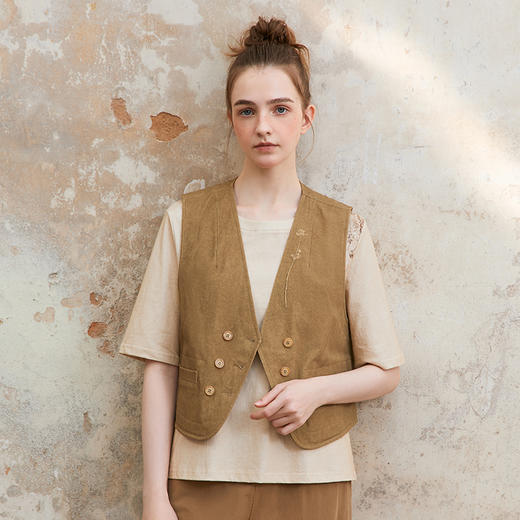 Famecoco复古双色蜡染全棉t恤女植物印花五分袖上衣FAC1BB005 商品图1