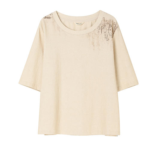 Famecoco复古双色蜡染全棉t恤女植物印花五分袖上衣FAC1BB005 商品图6