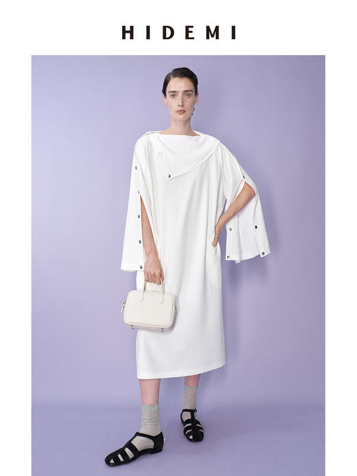 HIDEMI 极简设计感不对称撞钉扣多穿式白色垂顺感连衣裙 商品图1