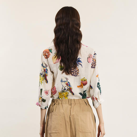 谜底花色衬衫七分袖女2024年夏款复古优雅苎麻透气衬衣242MC0537 商品图2