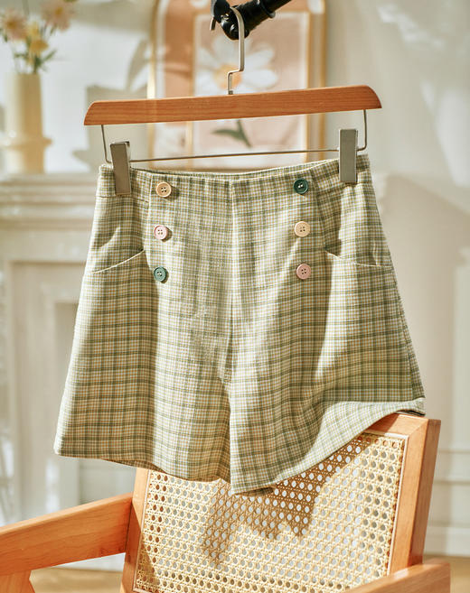 欧芮儿春新款高腰休闲格子短裤女修身显瘦宽松百搭阔腿裤 商品图1