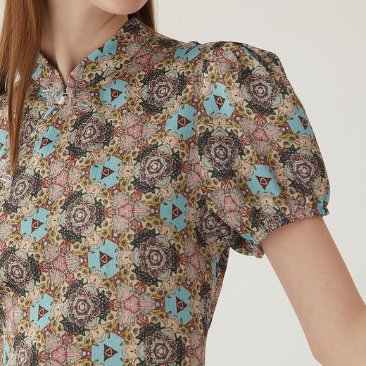 谜底新中式连衣裙2024夏款复古花色盘扣修身中长裙短袖246ML9002 商品图3