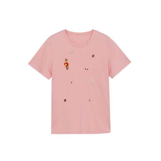 谜底圆领T恤短袖女2024年夏季新品趣味手工钉珠宽松上衣242MT0521 商品图4