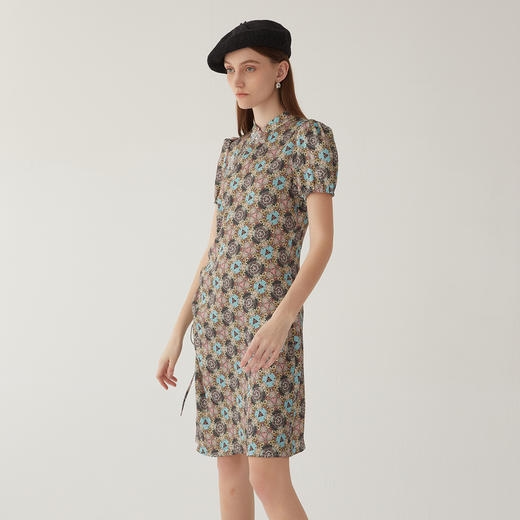 谜底新中式连衣裙2024夏款复古花色盘扣修身中长裙短袖246ML9002 商品图1
