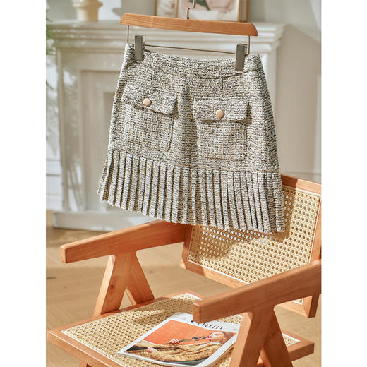 欧芮儿毛呢半身裙女短裙女新款收腰ol风格纹荷叶边百褶 商品图0