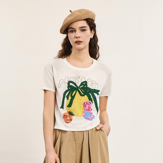 谜底套头针织衫短袖女2024年夏款复古趣味绣花圆领上衣242MZ0858 商品图0