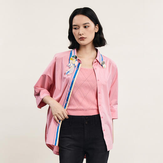 谜底大廓形衬衫分袖女2024年夏新品复古风章仔绣花衬衣242MC0545 商品图0