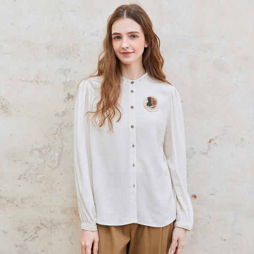 Famecoco范可儿亚麻混纺立领衬衫女长袖拼接花边衬衣FAC1BH007 商品图2