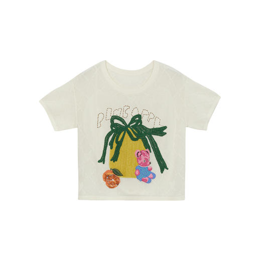 谜底套头针织衫短袖女2024年夏款复古趣味绣花圆领上衣242MZ0858 商品图4