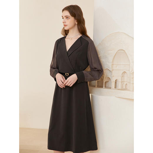 famecoco范可儿优雅v领收腰a字连衣裙中长款 附腰带FAC1FA036 商品图0