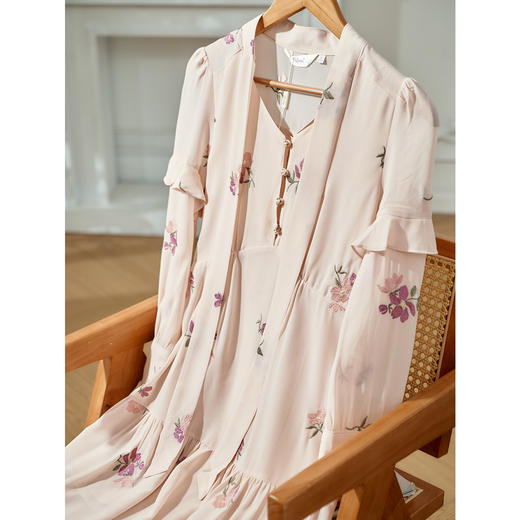 欧芮儿新款刺绣雪纺连衣裙女 修身长袖蝴蝶结中长款A字裙 商品图1