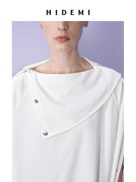 HIDEMI 极简设计感不对称撞钉扣多穿式白色垂顺感连衣裙 商品图3