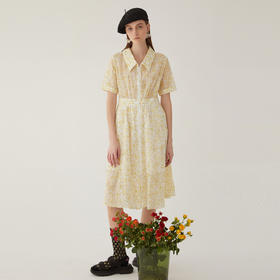 谜底V领连衣裙短袖女2024夏新款文艺风小清新花色中长裙246ML9004