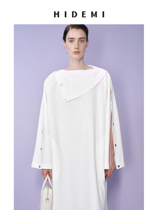 HIDEMI 极简设计感不对称撞钉扣多穿式白色垂顺感连衣裙 商品图2