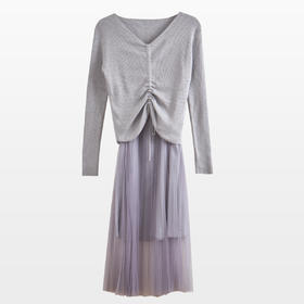 欧芮儿V领针织衫加百褶网纱裙很仙的两件套洋气网红套装女新裙子春