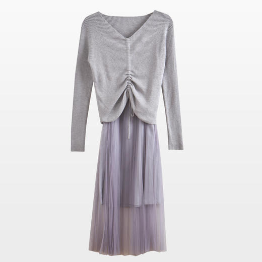 欧芮儿V领针织衫加百褶网纱裙很仙的两件套洋气网红套装女新裙子春 商品图0