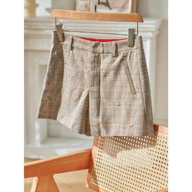 欧芮儿春装款女装格子短裤女高腰刺绣阔腿裤休闲短裤口袋女裤