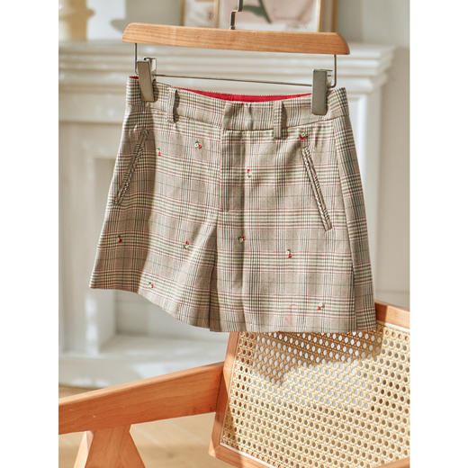 欧芮儿春装款女装格子短裤女高腰刺绣阔腿裤休闲短裤口袋女裤 商品图0