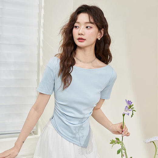 【限时秒杀】一字肩圆领两穿短袖T恤女和新款不规则下摆抽褶上衣V0740190 商品图2