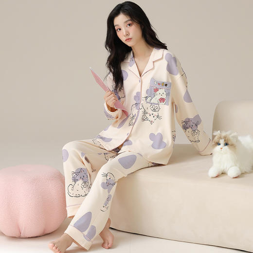 可人儿春秋季2024新款纯棉睡衣女韩版开衫长袖可外穿家居服套装 商品图2