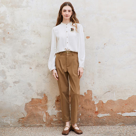 Famecoco范可儿亚麻混纺立领衬衫女长袖拼接花边衬衣FAC1BH007 商品图3