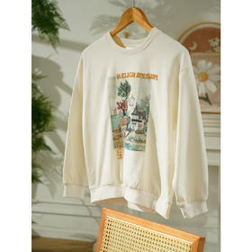 欧芮儿圆领卫衣女新2021宽松显瘦刺绣油画印花重工针织套头衫