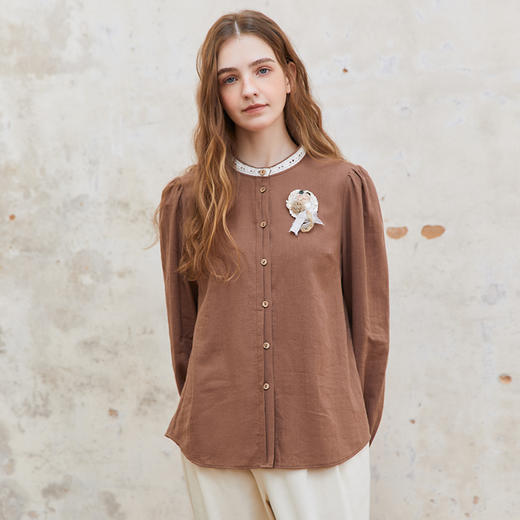 Famecoco范可儿亚麻混纺立领衬衫女长袖拼接花边衬衣FAC1BH007 商品图4