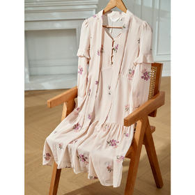 欧芮儿新款刺绣雪纺连衣裙女 修身长袖蝴蝶结中长款A字裙