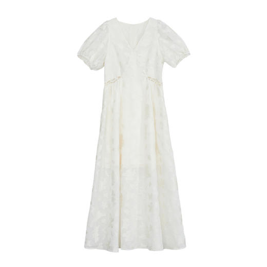 谜底提花长款连衣裙短袖2024年夏新品宫廷风V领收腰裙子242GL0524 商品图4