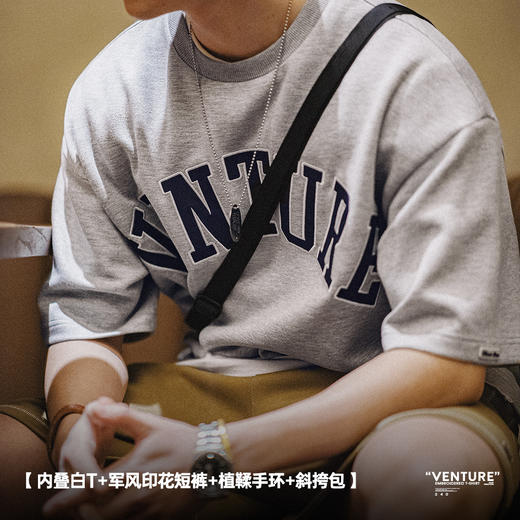 工装优选 美式复古空气层字母刺绣T恤宽松重磅五分袖圆领短袖男夏 商品图3